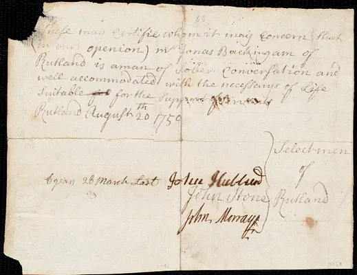 Alexander Bahanny indentured to apprentice with Jonas Buckingham of Rutland, 1 August 1751