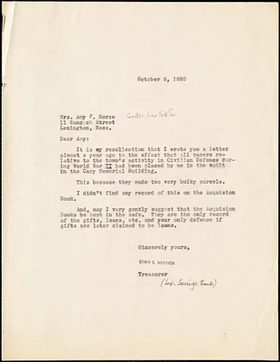 Letter to Amy E. Morse, Lexington Historical Society, from Edwin B. Worthen, October 9, 1950