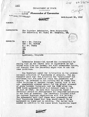 Memorandum of Conversation with Secretary of State Dean Acheson, Ambassador of Yugoslavia Sava Kosanovich, Dean Rusk, and Mr. Campbell