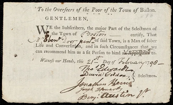 John Indian boy indentured to apprentice with Ebenezer Dorr of Boston, 25 March 1798