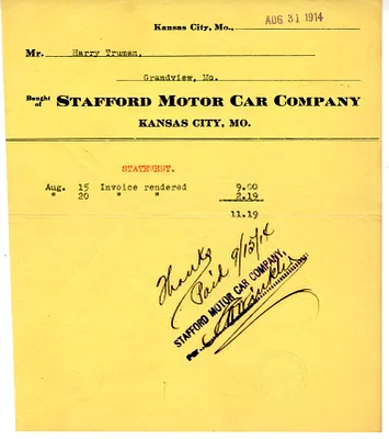Statement of Account, Stafford Motor Car Company to Harry S. Truman