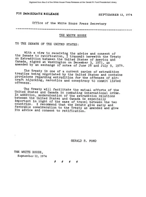 President's Letter to the Senate transmitting the Treaty of Extradition between the US and Canada
