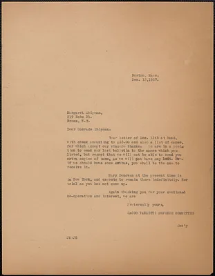 Joseph Moro (Sacco-Vanzetti Defense Committee) typed letter (copy) to Margaret Shipman, Boston, Mass., December 13, 1927