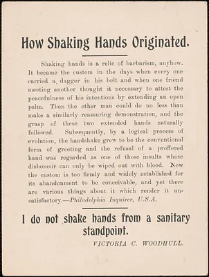 [Victoria Woodhull Martin]: "How shaking hands originated" , [approximately 1884-1927]