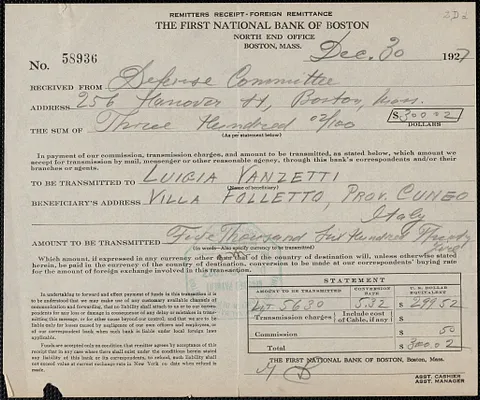 Remitters receipt (foreign remittance), First National Bank of Boston, received from [Sacco-Vanzetti] Defense Committee to be transmitted to Luigia Vanzetti, December 30, 1927