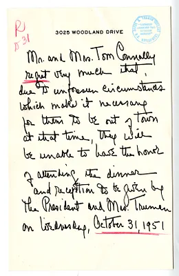 Invitation Reply, Senator and Mrs. Tom Connally to the White House Social Office