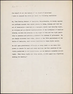 Typescript of resolution from Board of Selectman regarding events in Selma, Alabama and desecration of a Lexington church