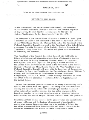 Visit to Washington, D.C. of Dzemal Bijedic, President of the Federal Executive Council of the Socialist Federal Republic of Yugoslavia [Notice to Press]