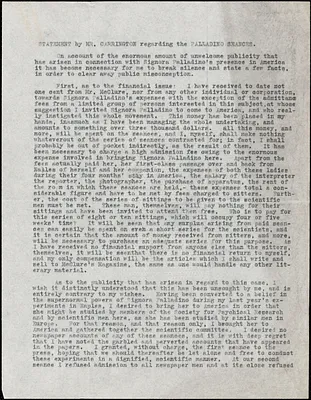 Manuscript document statement by Mr. Carrington regarding the Pallading Seances, New York, 18 November 1909