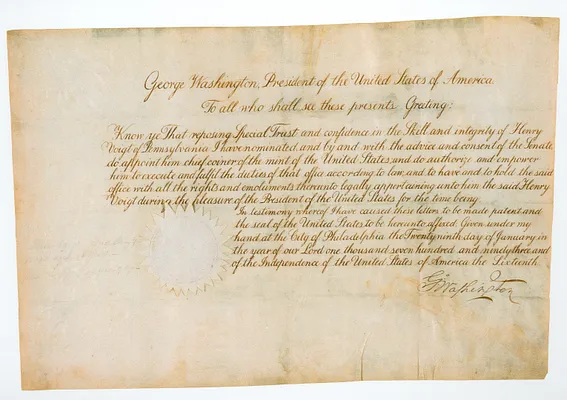 Certificate appointing Henry Voight to be the Chief Coiner of the U.S. Mint in Philadelphia