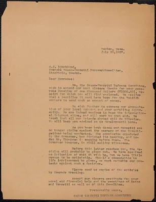 Sacco-Vanzetti Defense Committee typed letter (copy) to C. J. Björklund (Svenska Sacco-Vanzetti Fõrsvarskommitten), Boston, Mass., July 25, 1927