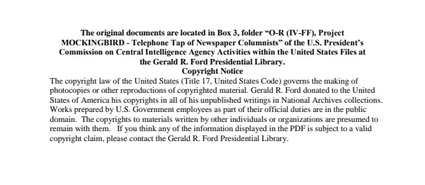 O-R (IV-FF, Project MOCKINGBIRD - Telephone Tap of Newspaper Columnists