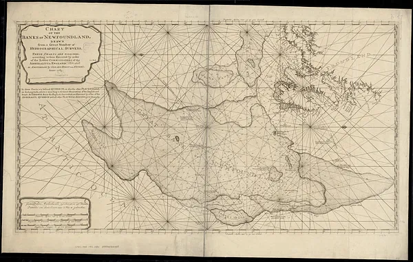 Chart of the banks of Newfoundland, drawn from a great number of hydrographical surveys, these charts are followed, according to them executed by order of the Lords Commissioners of the Admiralty in England