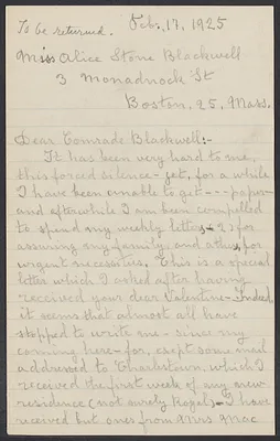 Sacco-Vanzetti Case Records, 1920-1928. Correspondence. Bartolomeo Vanzetti to Mrs. Alice Stone Blackwell, February 17, 1925. Box 39, Folder 47, Harvard Law School Library, Historical & Special Collections