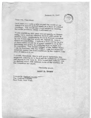 Letter from President Harry S. Truman to Former President Herbert Hoover