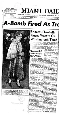 Newspaper Clipping, Miami Daily Herald, "Princess Elizabeth Places Wreath on Washington's Tomb"