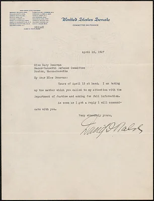 David I. Walsh typed note signed to Mary Donovan, Washington, D.C., April 15, 1927