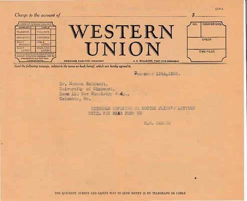Telegram to Dr. Herman Schlundt, December 13, 1929