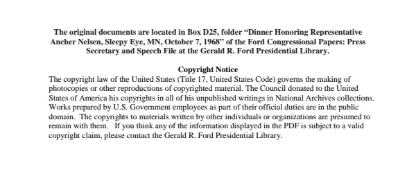 Dinner Honoring Representative Ancher Nelsen, Sleepy Eye, MN, October 7, 1968