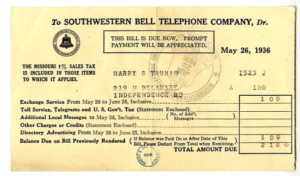 Bill from Southwestern Bell Telephone Company to Harry S. Truman