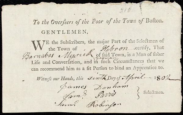 Benjamin Wild indentured to apprentice with Barnabas Myrick of Hebron, 27 March 1802
