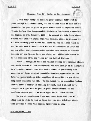 Message from Ernest Bevin to Secretary of State Dean Acheson