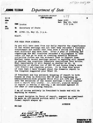 Telegram from Secretary of State Dean Acheson to James Webb
