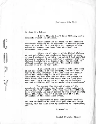 Letter from Daniel F. Clancy to Harold Ickes