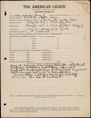 American Legion military record of William Richardson Dewey, Jr.