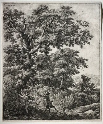 Six large upright landscapes with scenes from Ovid's Metamorphoses: Pan and Syrinx