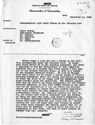 Memorandum of Conversation with Secretary of State Dean Acheson, Ambassador Italy Alberto Tarchiani, Foreign Minister of Italy Count Carlo Sforza, Mr. Satterthwaite, Mr. Unger, and Theodore Achilles