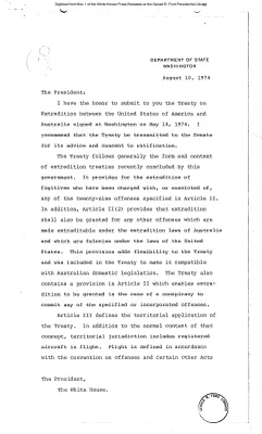 Henry Kissinger Letter Submitting the Treaty of Extradition between the US and Australia
