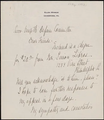 Ellen Winsor autograph note signed to Sacco-Vanzetti Defense Committee, Haverford, Pa., August 25, [1927]