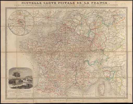 Nouvelle carte postale de la France, à l'usage des voyageurs, comprenant le nord de l'Italie, la Suisse, la Hollande, la Belgique et la partie occidentale de l'Allemagne, les chemins de fer en exploitation, en construction et adoptés, donnant les distances d'un lieu à un autre en kilomètres