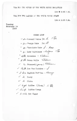 Shopping List for Tea for Wives of the White House Employees and Tea for the Ladies of the White House Staff