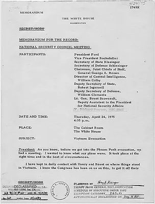 Memorandum for the Record of the National Security Council Meeting Concerning the Vietnam Evacuation Attended by President Gerald R. Ford, Vice President Nelson A. Rockefeller, and Secretary of State Kissinger, among Others