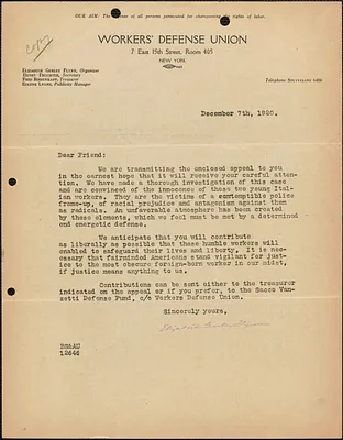 Elizabeth Gurley Flynn (Workers' Defense Union) typed letter signed (circular), New York, N. Y., December 7, 1920