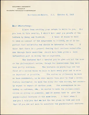 Cattell, James McKeen, 1860-1944 typed letter signed to Hugo Münsterberg, Garrison-on-Hudson, 3 October 1903