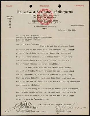J. F. Anderson and E.J. Lever (International Association of Machinists, District Lodge No. 1) typed letter signed to Sacco-Vanzetti Defense Committee, Philadelphia, Pa., February 21, 1924