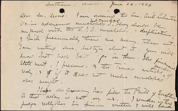 Elizabeth G[lendower] Evans autograph letter signed to [Fred H.] Moore, Chatham, Mass., June 26, 1924