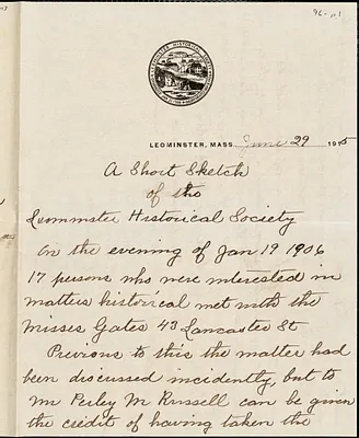 A short sketch of the Leominster Historical Society