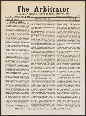 Sacco-Vanzetti Case Records, 1920-1928. Printed Materials. The Arbitrator, September 1927. Box 42, Folder 11, Harvard Law School Library, Historical & Special Collections