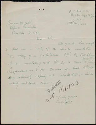 D. S. Sodhi autograph note signed to Sacco-Vanzetti Defense Committee, Berkeley, Calif., October 30, 1923