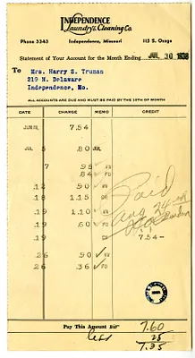 Bill from Independence Laundry & Cleaning Company