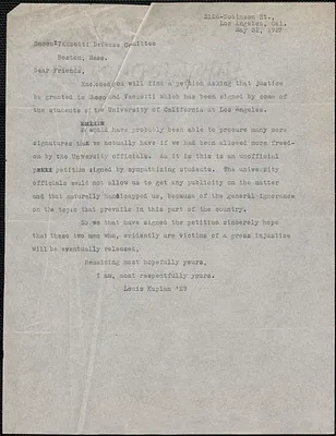 Louis Kuplan typed letter to Sacco-Vanzetti Defense Committee, Los Angeles, Calif., May 31, 1927