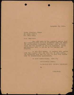 Sacco-Vanzetti Defense Committee typed letter (copy) to Freie Arbeiter Stimme, Boston, Mass., December 22, 1923