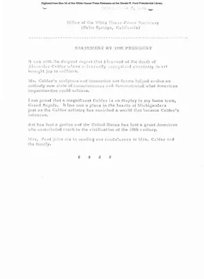 Statement by the President on the death of Alexander Calder [Ford Speech or Statement]