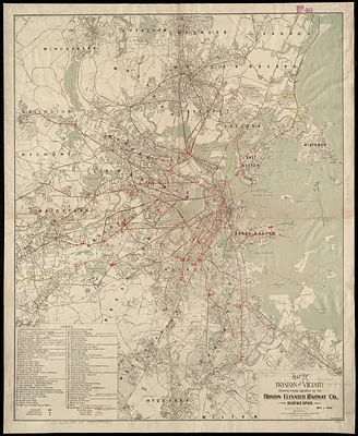 Map of Boston and vicinity showing tracks operated by the Boston Elevated Railway Co., surface lines