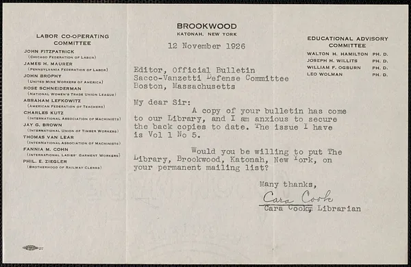 Cara Cook typed note signed to Sacco-Vanzetti Defense Committee, Katonah, N.Y., November 12, 1926