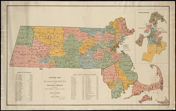 Outline map of Massachusetts showing senatorial districts as established by the General Court of 1906 with legal voters according to Census of 1905